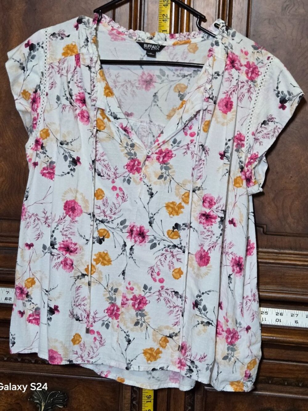 Buffalo David Bitton Floral Blouse Medium Boho Peasant Top Tie Neck